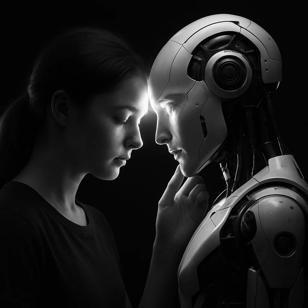 A young woman resting forehead to forehead with a humanoid robot, a thread of light between them.